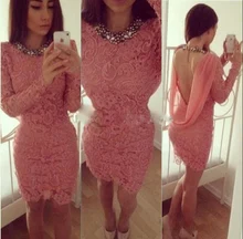 Kurz Rosa Spitze Homecoming Kleider 2016 Kostenloser Versand Sexy Backless Langarm Cocktailkleider für Party