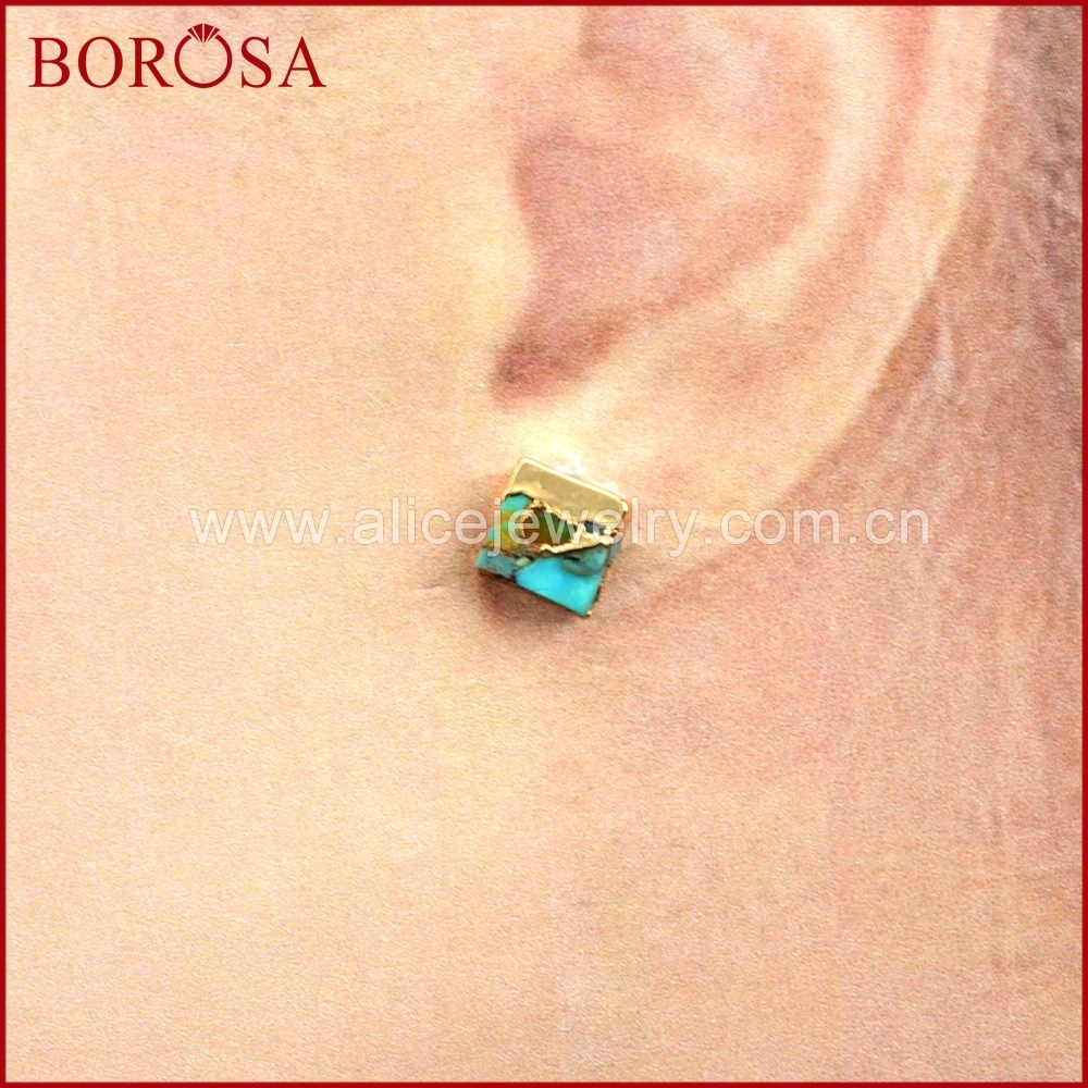 Женские квадратные серьги гвоздики BOROSA винтажные медные из натуральной бирюза