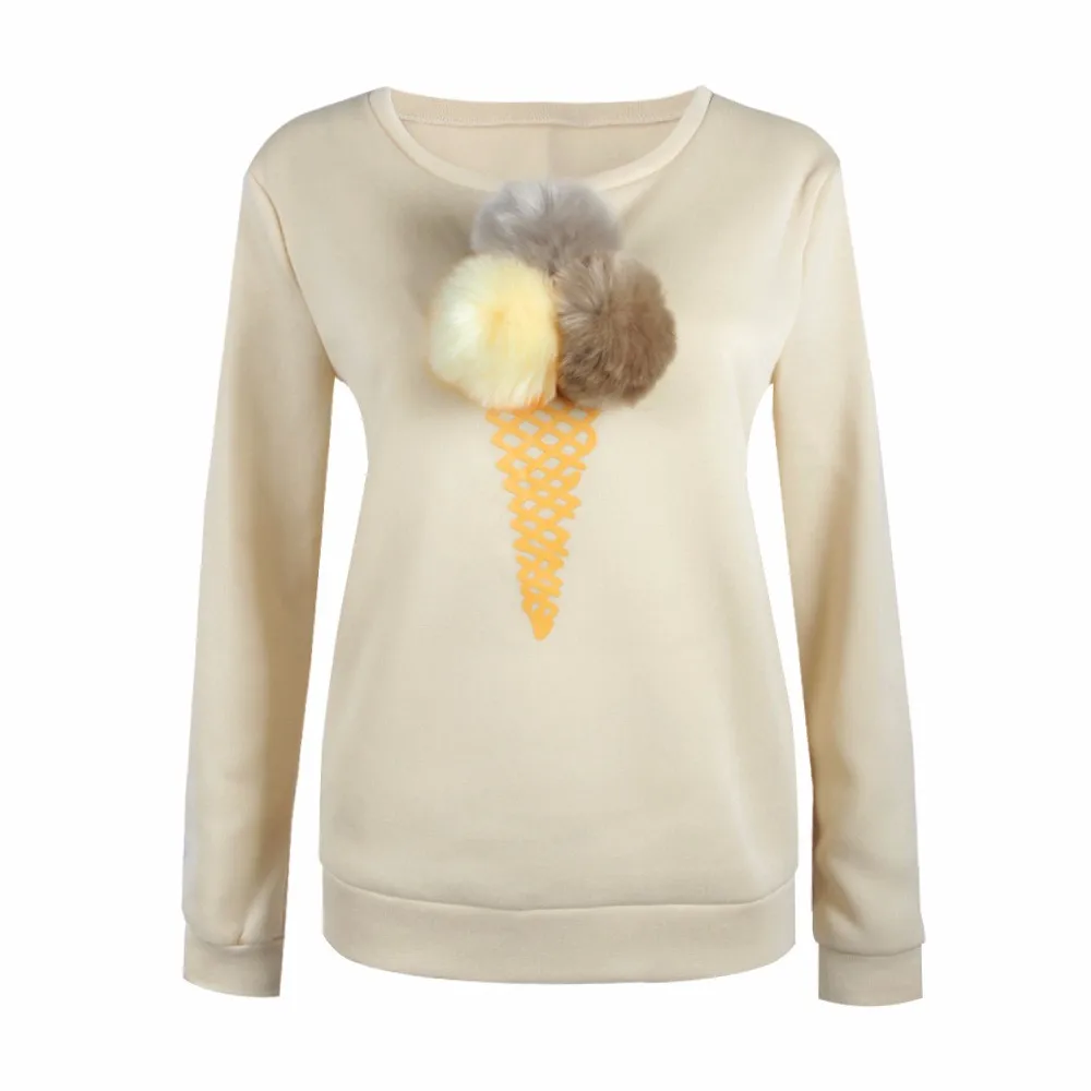 Осень-зима, женские пуловеры, мороженое, 3D искусственный мех, плюшевый шар, джемпер, повседневные женские топы, толстовки