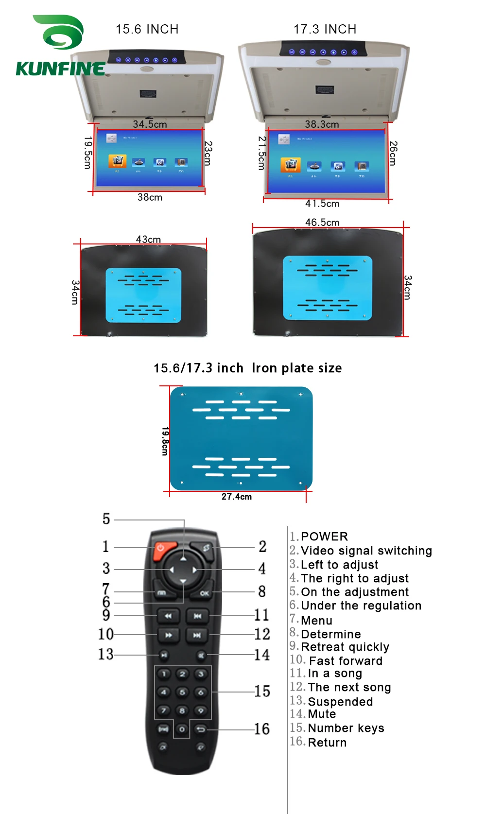 KUNFINE (17.3 Inch) Car Roof Monitor LCD Flip Down Screen Overhead Multimedia Video Ceiling Roof mount Display (Build in IRFM Transmitter USB   (7)