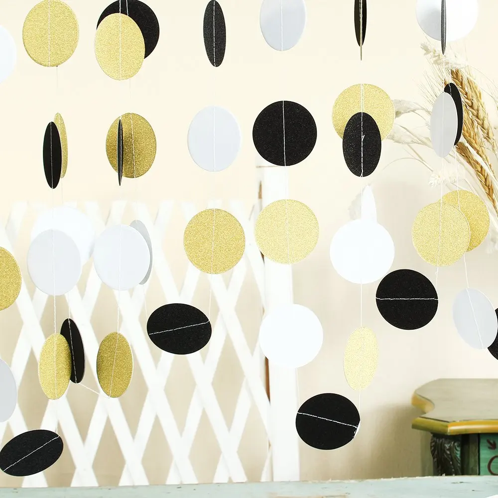 (Black White Gold) Glitter Circle Garland Hanging Decor Dots Paper Garland for Bridal Shower Birthday Nursery Wedding Party