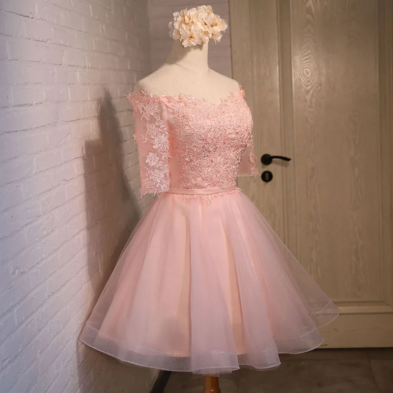 Розовый с кружевной аппликацией и коротким рукавом милые платья для выпускного вечера; Robe De Soiree Новые невесты бальное платье Вечерние вечернее платье C