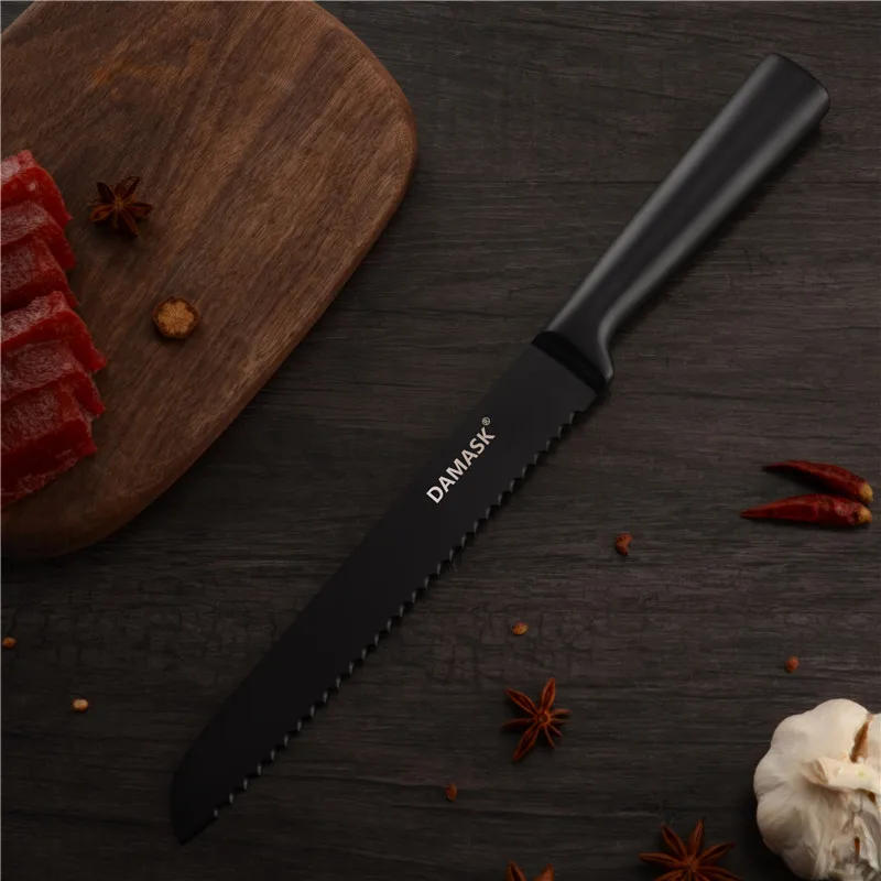 Дамасский черный кухонный нож из нержавеющей стали с покрытием антипригарным острым лезвием, поварские ножи, светильник, набор кухонных ножей с тяжелой ручкой