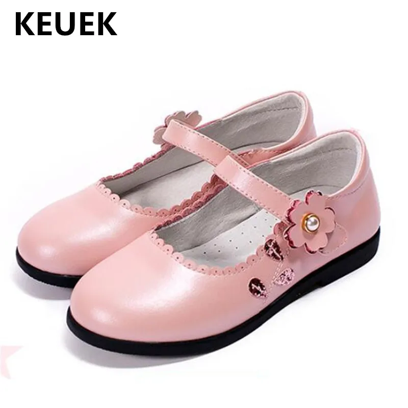 

New Spring/Autumn Children Single Shoes heeled Sweet Pink Black White Genuine Leather Shoes Girls Princess Kids Breathable 02B