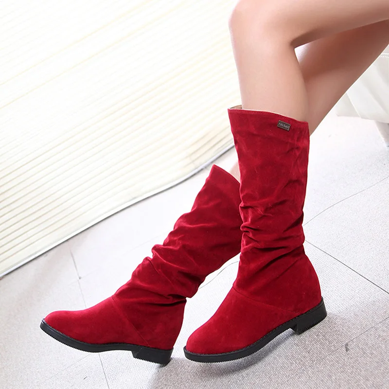 Autumn Winter Women's Boots Matte Flock Boots For Female Ladies Height Increased Low Heel Shoes Woman Mid Calf High Boots