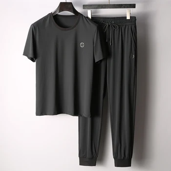 

DIYLIVE summer thin two-piece set Silky anti-wrinkle and quick-drying fabric Fashion men's slim casual sports suit