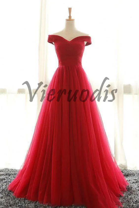 141Red Satin Top Evening Dresses Capped Sleeves Tulle Sweep Train Long A Line Evening Gowns Back Lace Up