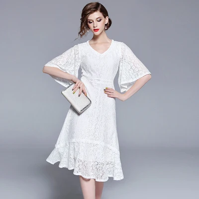 lace neck dress summer sleeve hollow slim european colour half knee dresses flare fitted empire length aliexpress