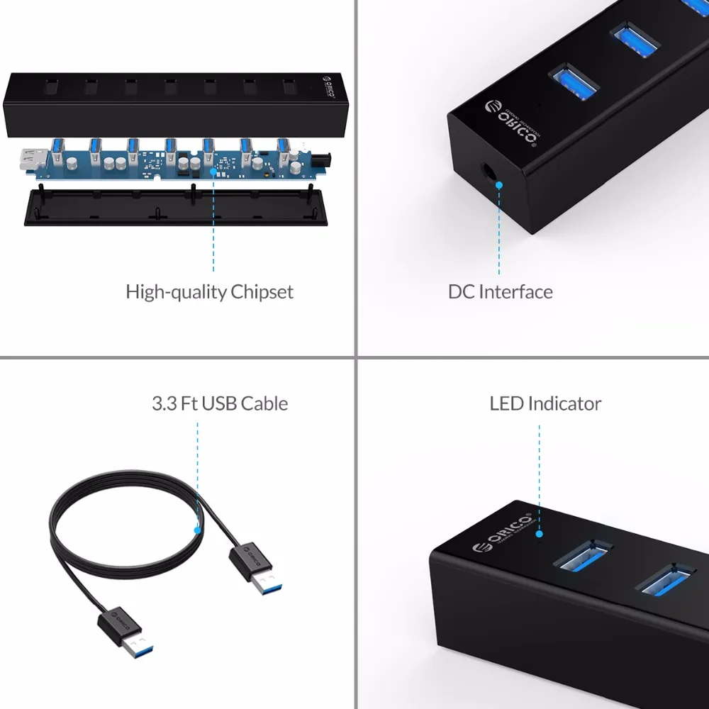 ORICO 7 портов USB 3,0 концентратор высокой скорости ABS с 5V2A адаптер питания для Windows/Vista/7/8/10/Linux/Mac-черный(H7013-U3-AD