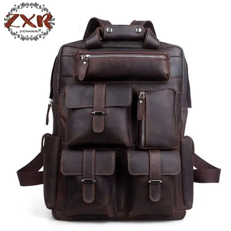 

European And American Style Men's Retro Leather Bag Fashion Backpack Laptop Multi-pocket Hikintravel Backpack Shoulder Bag