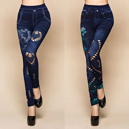 Hollow Cut Elastic Flower Print Denim 1