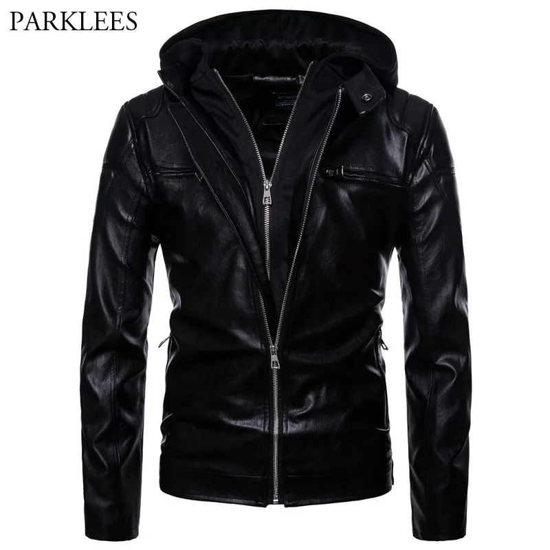 Black Hooded Leather Jacket Men Fake Two Pieces Zipper Male Leather Jackets and Coat Casual Mens Motorcycle Pu Leather Jackets - Цвет: Black