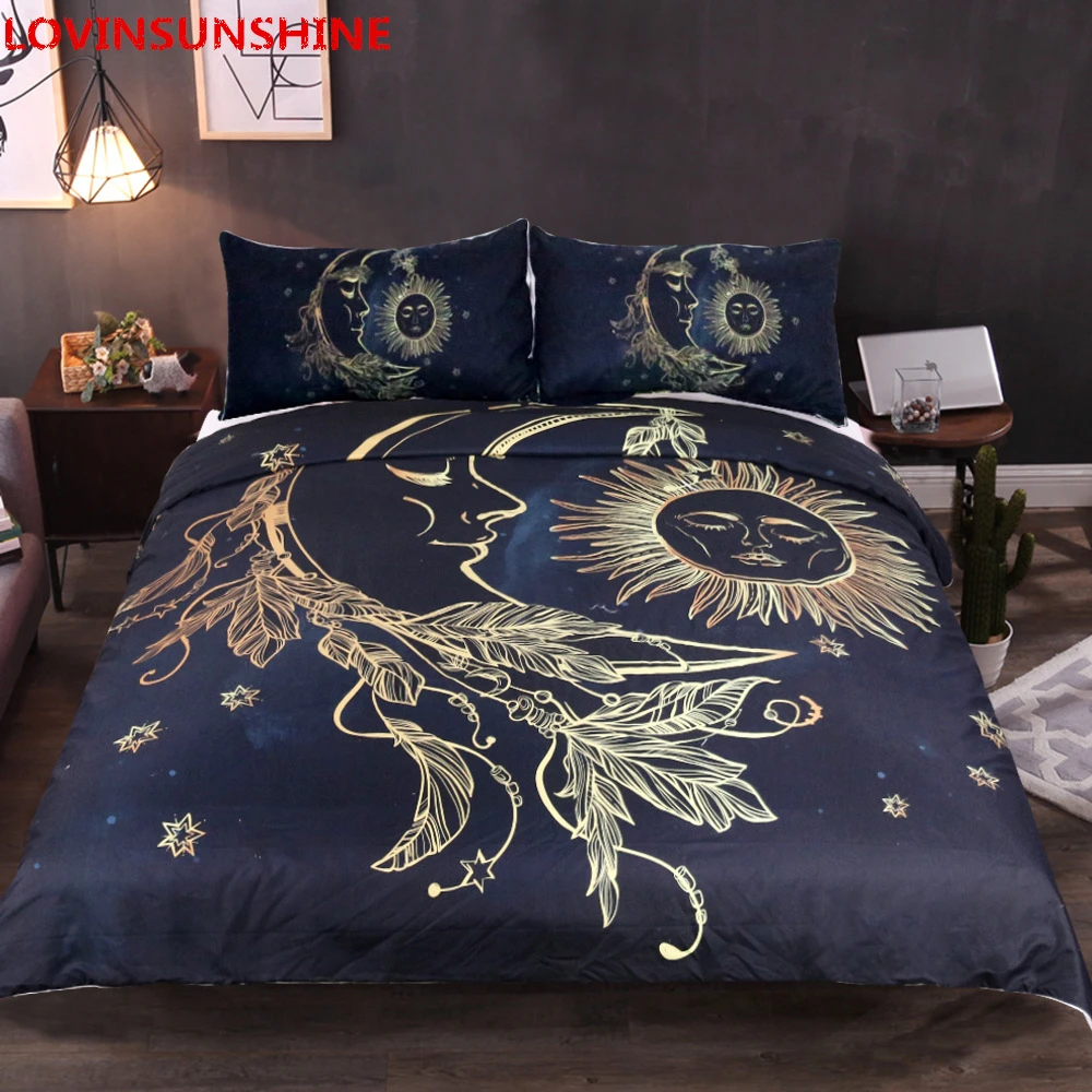 

LOVINSUNSHINE Gold Moon Accompanys Sun Duvet Cover With Pillowcase Black Dark Blue Bedding Set King/queen Size Quilt Cover