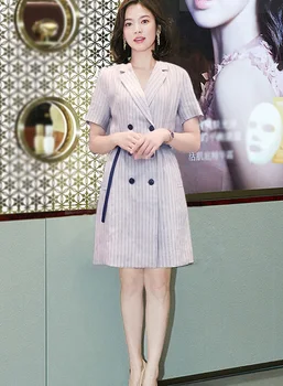 

New Arrival Women Stripe Dress Double Breasted Designer Turn-Down Collar Dresses F6224