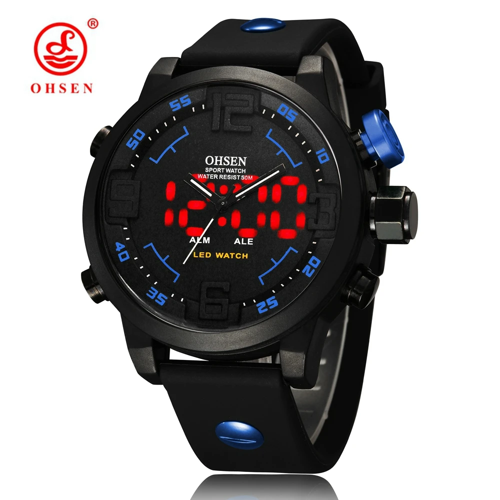 Топ продаж OHSEN Цифровые кварцевые мужские повседневные часы наручные часы подарки силиконовый ремешок Синий 50 м Дайвинг светодиодные спортивные армейские часы montre homme