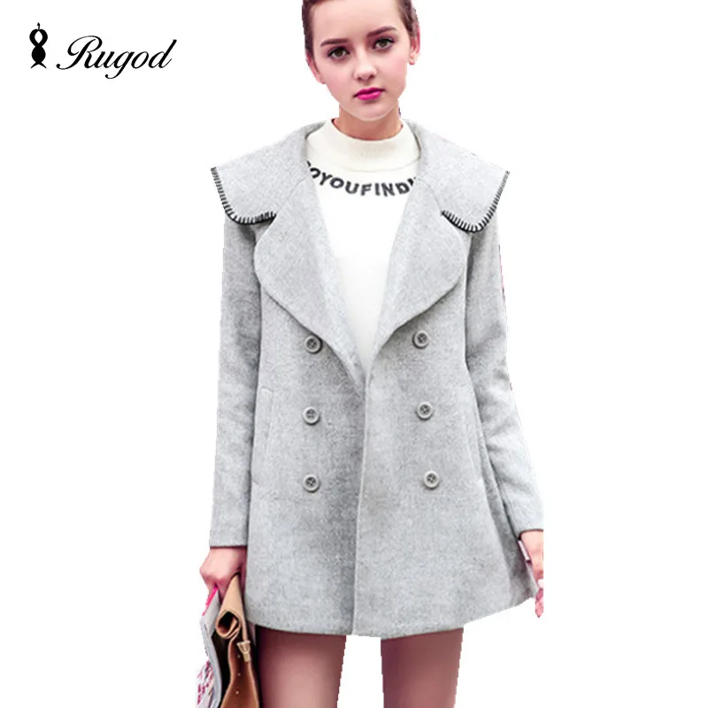2016 Autumn and Winter Clothing Women Fashion Casual Double Breasted Gray Wool Coat Jacket Female High