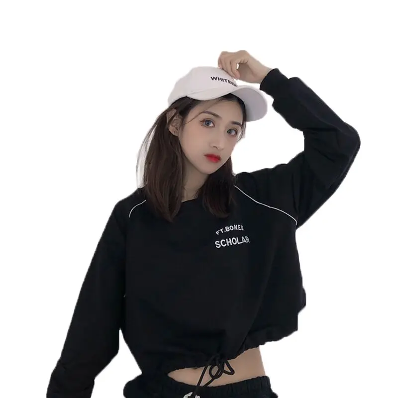 

New College Wind Letter Embroidery Long Sleeve T-Tan Woman's Hem Drawing Line with Short Bandwidth-VD5117