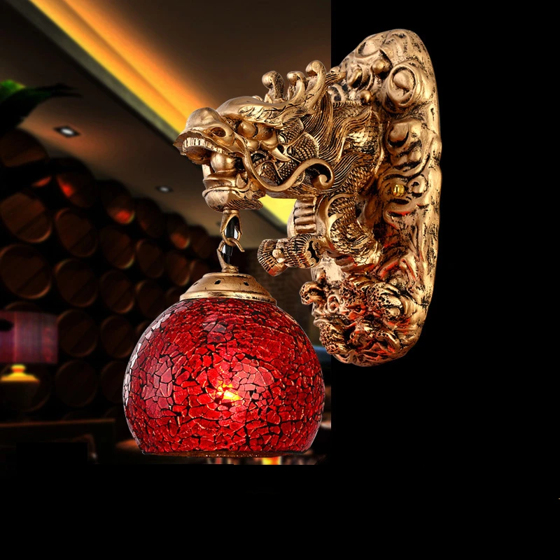Винтажный китайский стиль смолы дракон настенный светильник роскошное освещение E27 стеклянный абажур для дома Ming