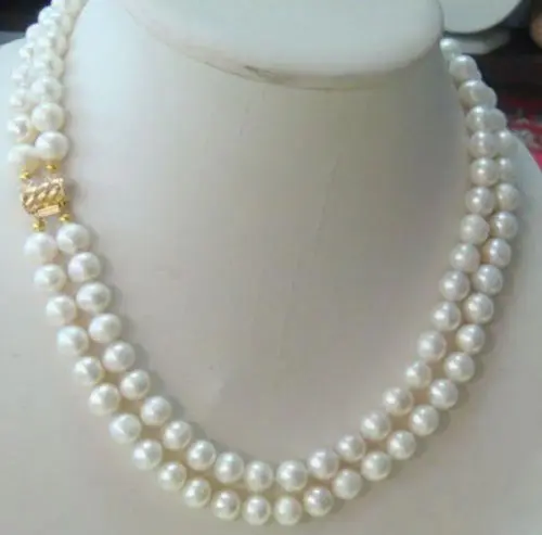 

CHARMING 2 ROW 8-9MM AKOYA WHITE PEARL NECKLACE 18" 14k/20 SOLID GOLD MARKED