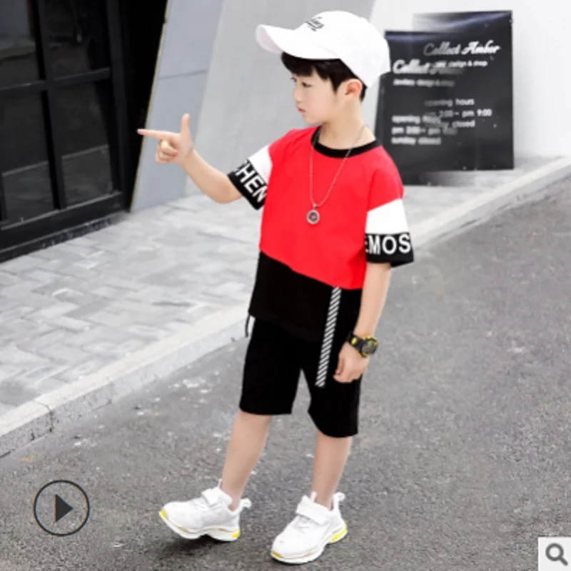 

Boys Sports Middle pants Clothing Set 2019 New Summer Children Loose Kids Clothes Sets 2 Piece 2 Patchwork Colors Size4-14 ly301