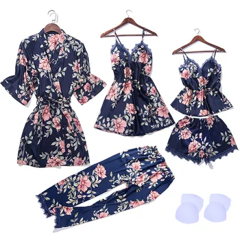 

2019 pajamas for women 5 Pieces Satin Sleepwear Pijama Silk Home Wear set Sleep Lounge with Chest Pads pajama sets sleepwear