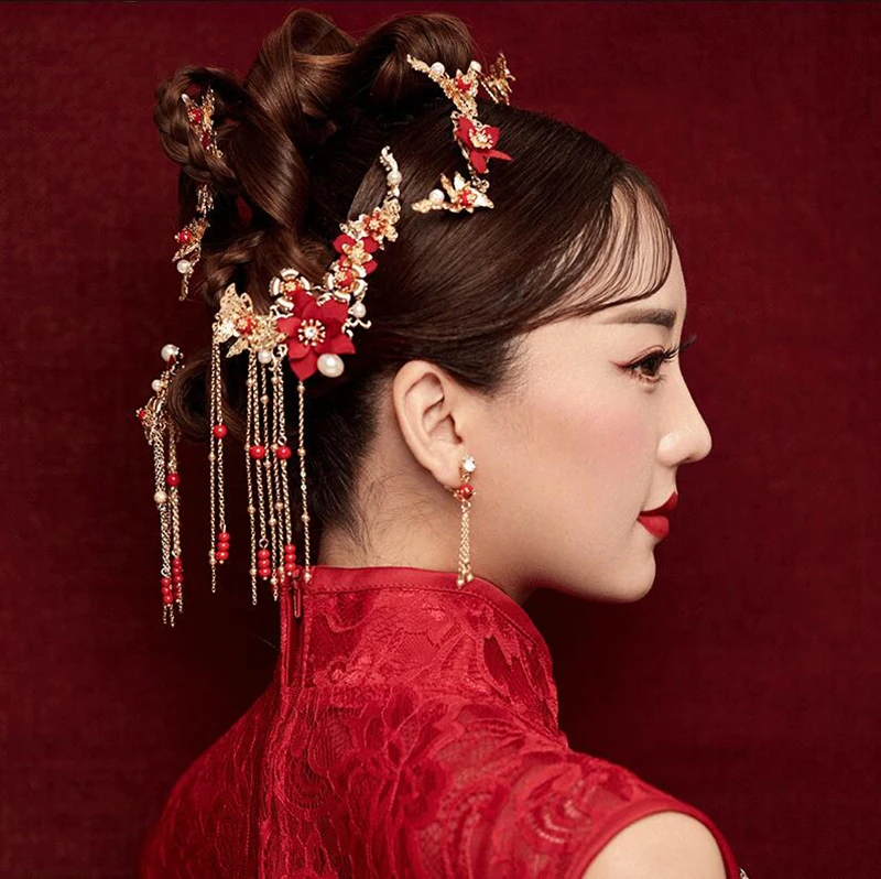 HIMSTORY Традиционный китайский золотой цветок красные шпильки с жемчугом палочка для волос свадебная корона для волос ювелирные изделия Аксессуары для волос