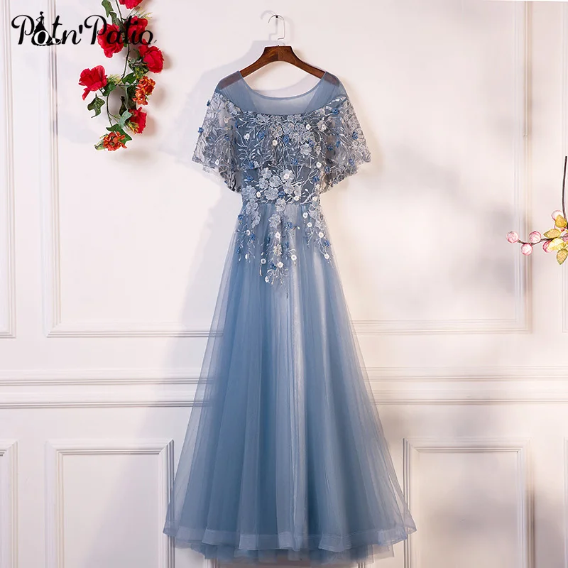PotN'Patio Evening Dresses Long 2018 New O-neck With Jacket Luxury Appliques Flower Tulle Formal Evening Gown PotN'Patio Evening Dresses Long 2018 New O-neck With Jacket Luxury Appliques Flower Tulle Formal Evening Gown
