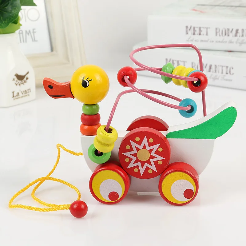 Обучающая игрушка с прицепом-утенком, мини-игрушка с бусинами, обучающая игра, разноцветный деревянный пазл для детей, деревянная игрушка для младенцев