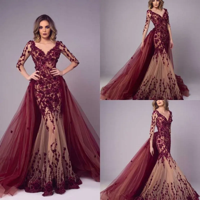 Elegant Long Sleeve Mermaid Prom Dresses with Detachable Train 3D Floral Appliques vestidos de gala Custom Made Prom Gowns