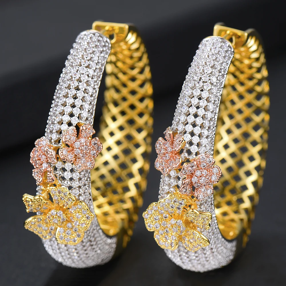2019 New Arrived Luxury Cubic Zirconia Hoop Earrings Elegant Top Quality Dubai Style Silver Gold Color Flower Statement | Украшения и