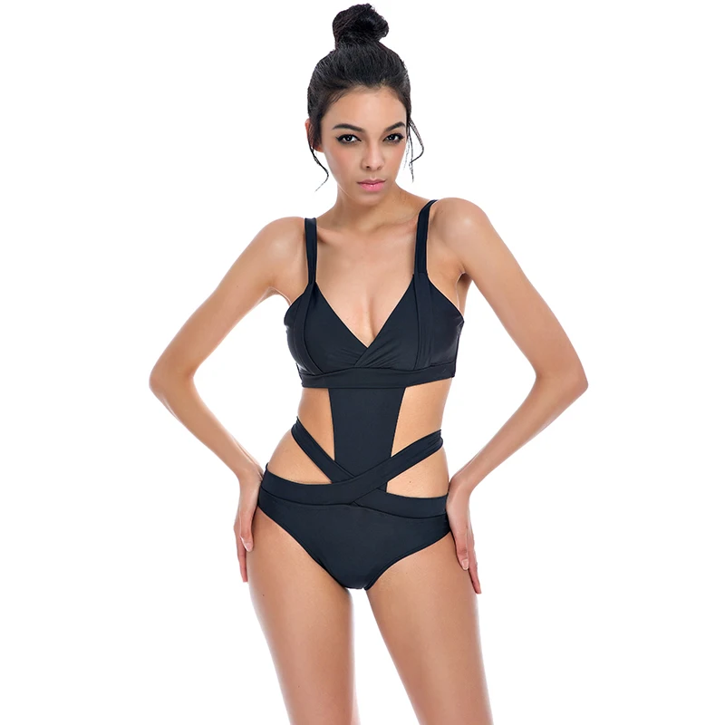 

2016 Summer New Women Sexy Black Hollow Out Solid Plus Size Beach Party Brazilian Bathing Suits One Piece Swimsuit Monokini NO16