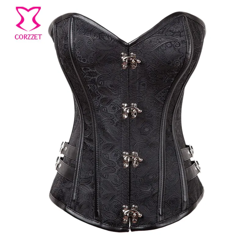 

Black Paisley Brocade Gothic Corset Steel Bone Steampunk Corsets and Bustiers Corselet Overbust Corpetes E Espartilhos Sexy