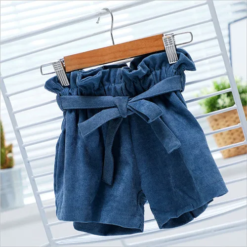 Summer Baby Girls Shorts Solid Bow Ruffle Shorts Fashion Children's Shorts Corduroy Pants For Girs PP Trousers 1-5 Years - Цвет: Синий