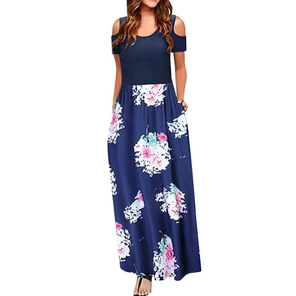 Summer Sexy Party Dress Women Vintage Cold Shoulder O Neck Pockets Maxi Dresses Woman Party Night Beach Dress Women Clothes 2019