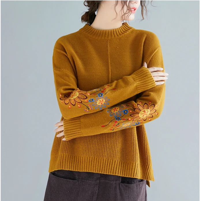 

Vintage Retro Harajuku Bohemian Boho Beige Black Yellow Embroidery Loose Knitted Turtleneck Sweater Women Autumn Pullovers