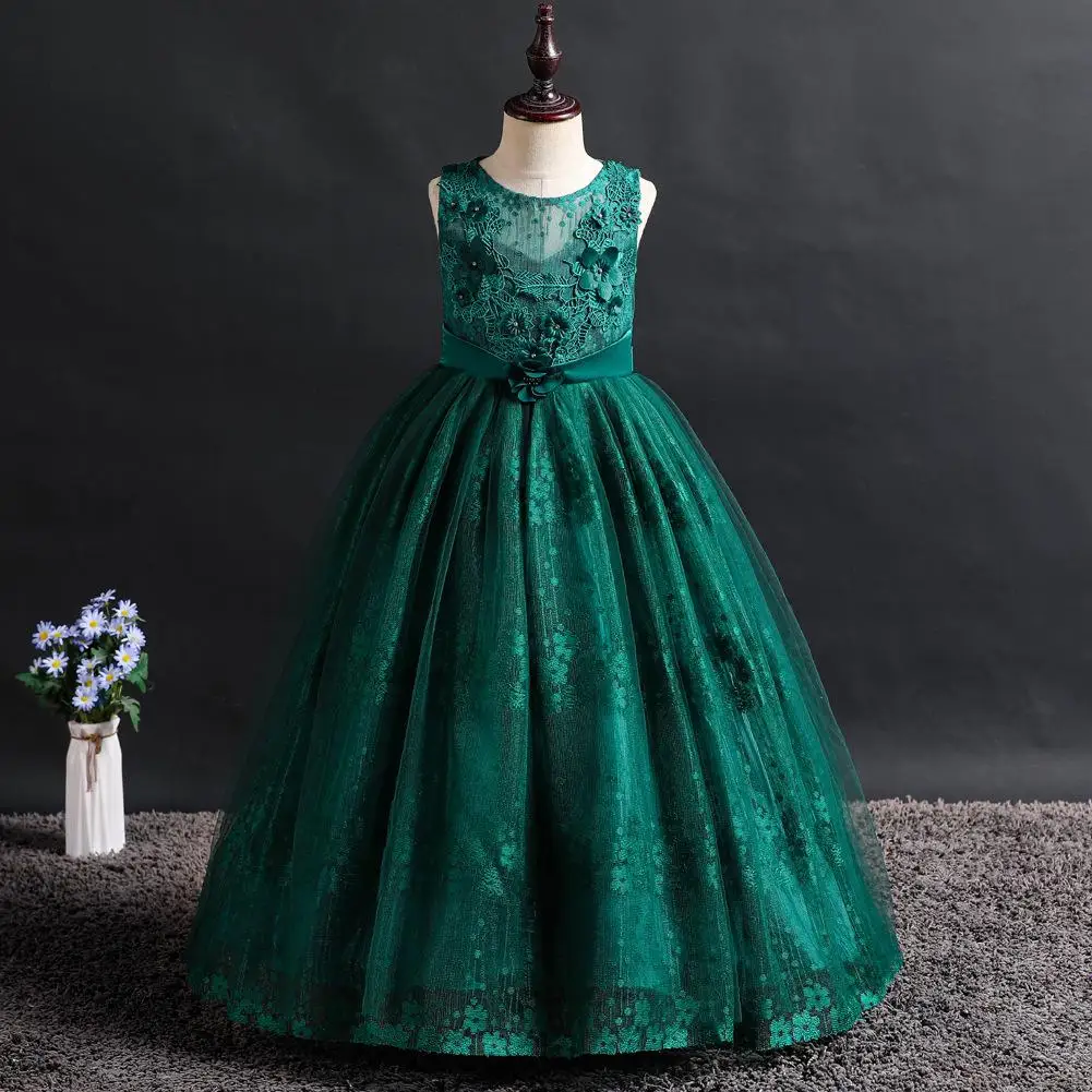 Весеннее детское Длинное Зеленое праздничное платье без рукавов Платья с цветочным узором для девочек на свадьбу, для первого причастия, бальное платье принцессы для малышей - Цвет: Зеленый