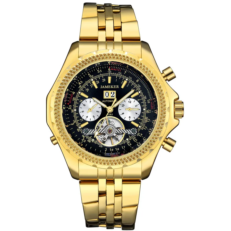steel strap black Relogio Masculino JAMEKER часы мужские часы Известный Топ бренд автоматические механические часы большой золотой турбийон наручные часы - Цвет: steel strap black