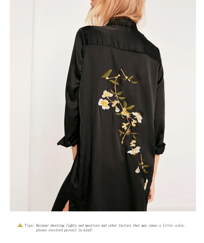 HDY Haoduoyi Women Black Embroidery Shirt Dress Casual Button Down Loose Fit Party Dress Long Sleeves Split Office Work Dress 21