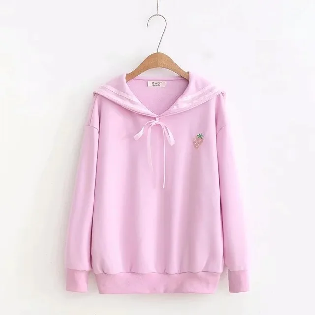  Preppy Style Japanese Kawaii Girls Cute Strawberry Embroidery Sailor Collar Hoodie Korean Long Slee