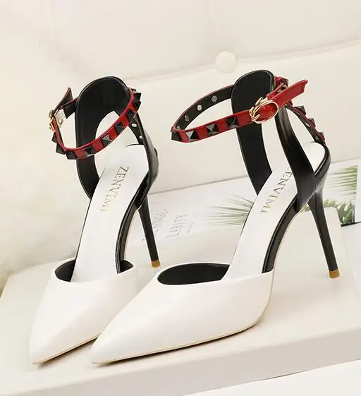 

2019 summer New women sexy pointed toe ankle strap shallow black rivet high heels sandals shoes woman pumps
