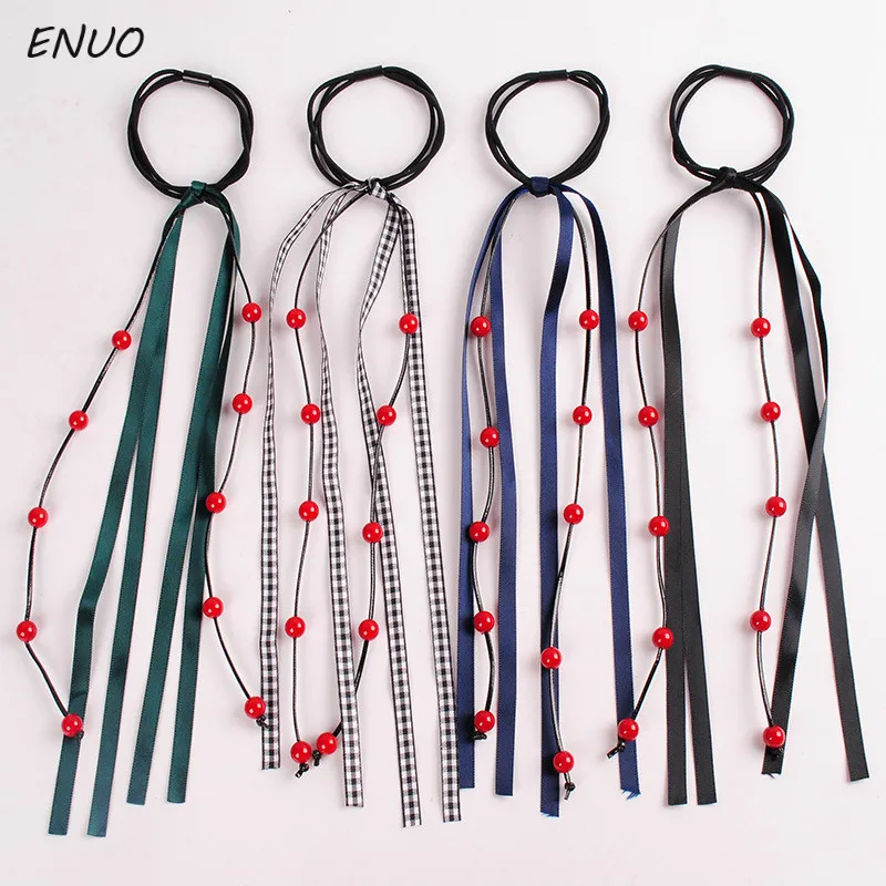 

3pcs/lot Women Rubber Bands Girls' Hair Ties Women Girls Simple Beads Ribbon Bow Long Tassel Elastic Hair Band Hair Accessories
