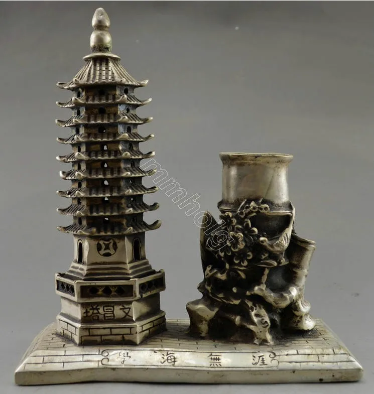 

Metal Crafts Collectible Decorated Old Handwork Tibet Silver Flower Bird Tower Brush Pot Statue old