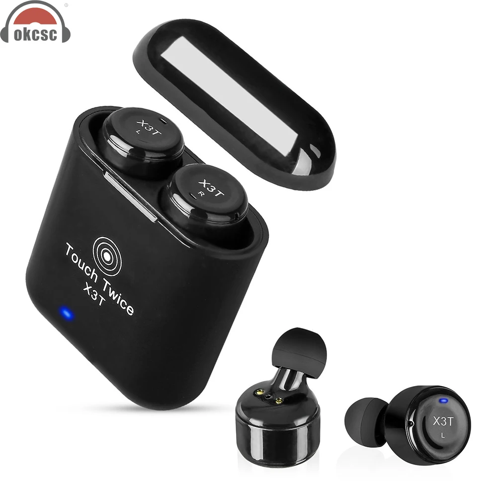 

OKCSC TWS X3T Touch Button Bluetooth Earphones Wireless with Mic Mini Headset w/ Sport Charging Room for i`Phone Samsung Android