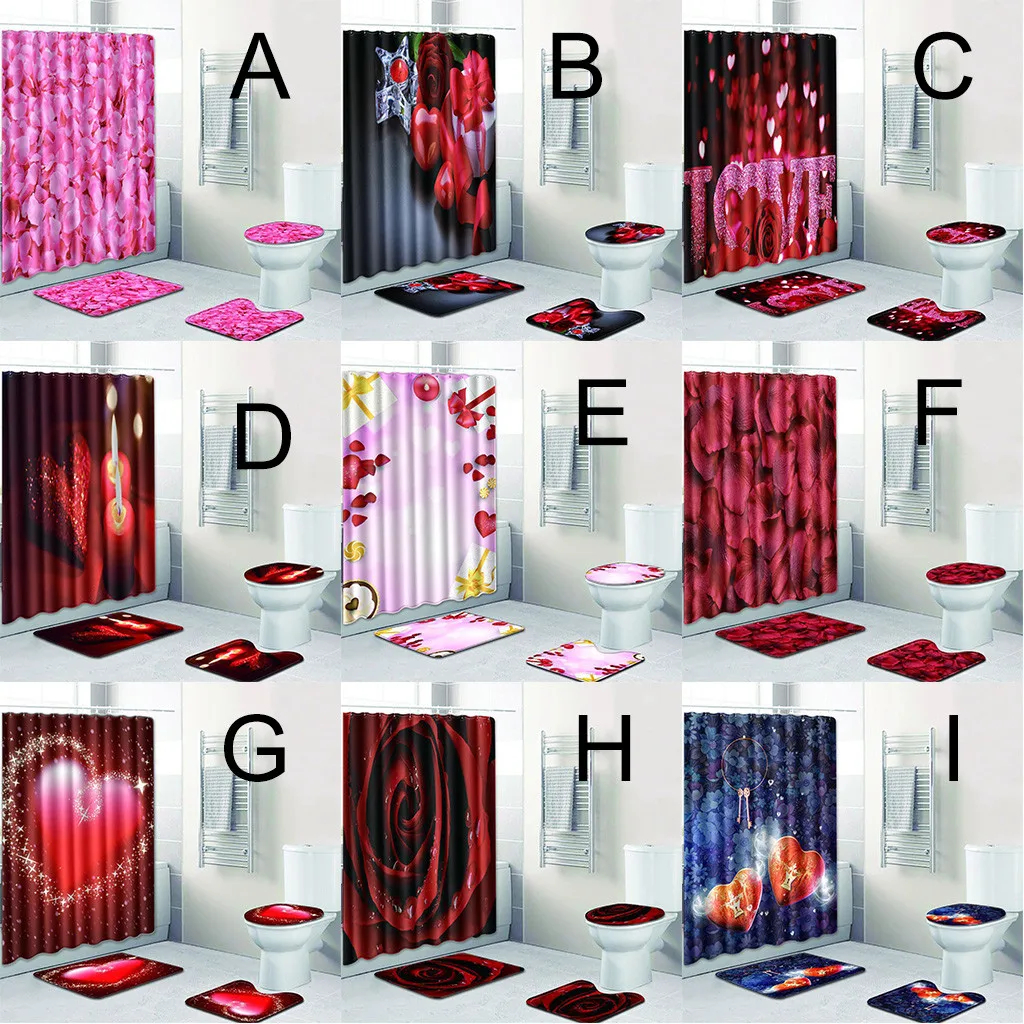 

4PCS romantic Love wc toilet seat cover set toilet accessories Non Slip Toilet Polyester Cover Mat Set Bathroom Shower Curtain