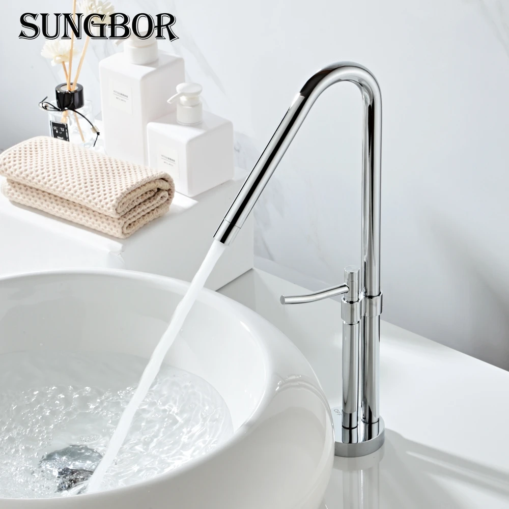 Us 74 8 Tall Square Brass Chrome Bathroom Faucet Lavatory Sink Bar Basin Faucet Mixer Tap Extra Long Spout Cold Hot Water Tap Lt 801a In Basin