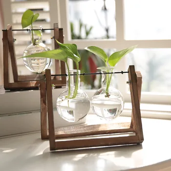 

Creative Hydroponic Plant Set with Wooden Frame Transparent Vase for Home Decoration Glass Tabletop Plant Bonsai Decor Ornaments