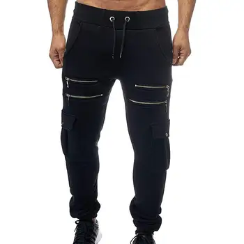

Fashion Men Solid Color Pants With Zipper Multi Pockets Sweatpants Streetwear Male Casual Loose Pants Drawstring Long Trousers