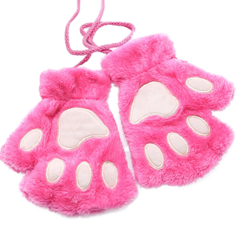 Зимние теплые милые женские медведи кошачья лапа с когтями рукавицы плюшевые перчатки плюс бархат утолщение половина пальца флип держать тепло девушки перчатки# YL5 - Цвет: Hot Pink