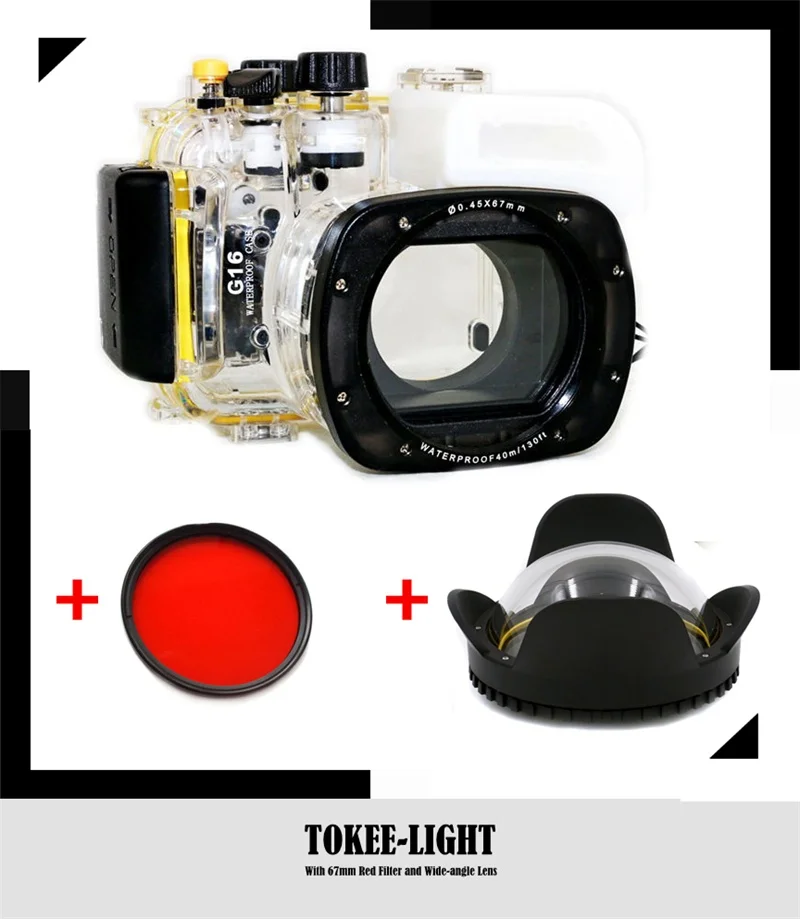 Водонепроницаемый корпус для подводного использования Дайвинг чехол для Canon G15 G16 G5X G7X G9X Камера+ с 67 мм красный фильтр+ Широкий Ангел купольный объектив - Цвет: Fit for Canon G16