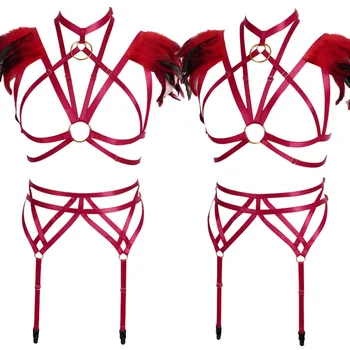 

Harajuku Red Set Women Harness Bra Elastic Chest Belts Stockings Garter Belt Strap Top Pentagram Lingerie Plus Size Rave Wear